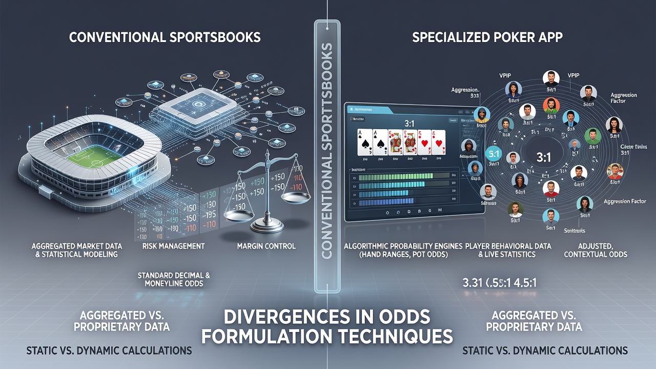 Illustration of algorithmic models used in odds setting for sports versus poker probability engines