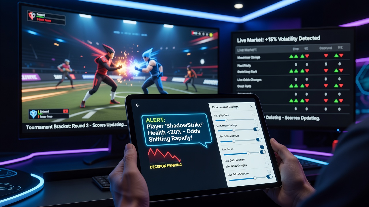 Mobile screen displaying active tournament alerts alongside a live esports match feed with odds updates