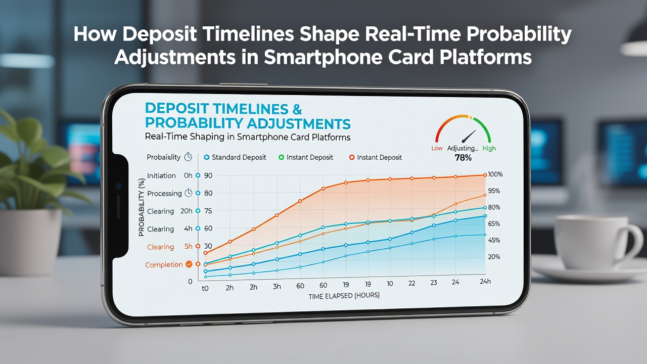 Smartphone screen showing card platform interface with deposit timeline indicators and probability metrics