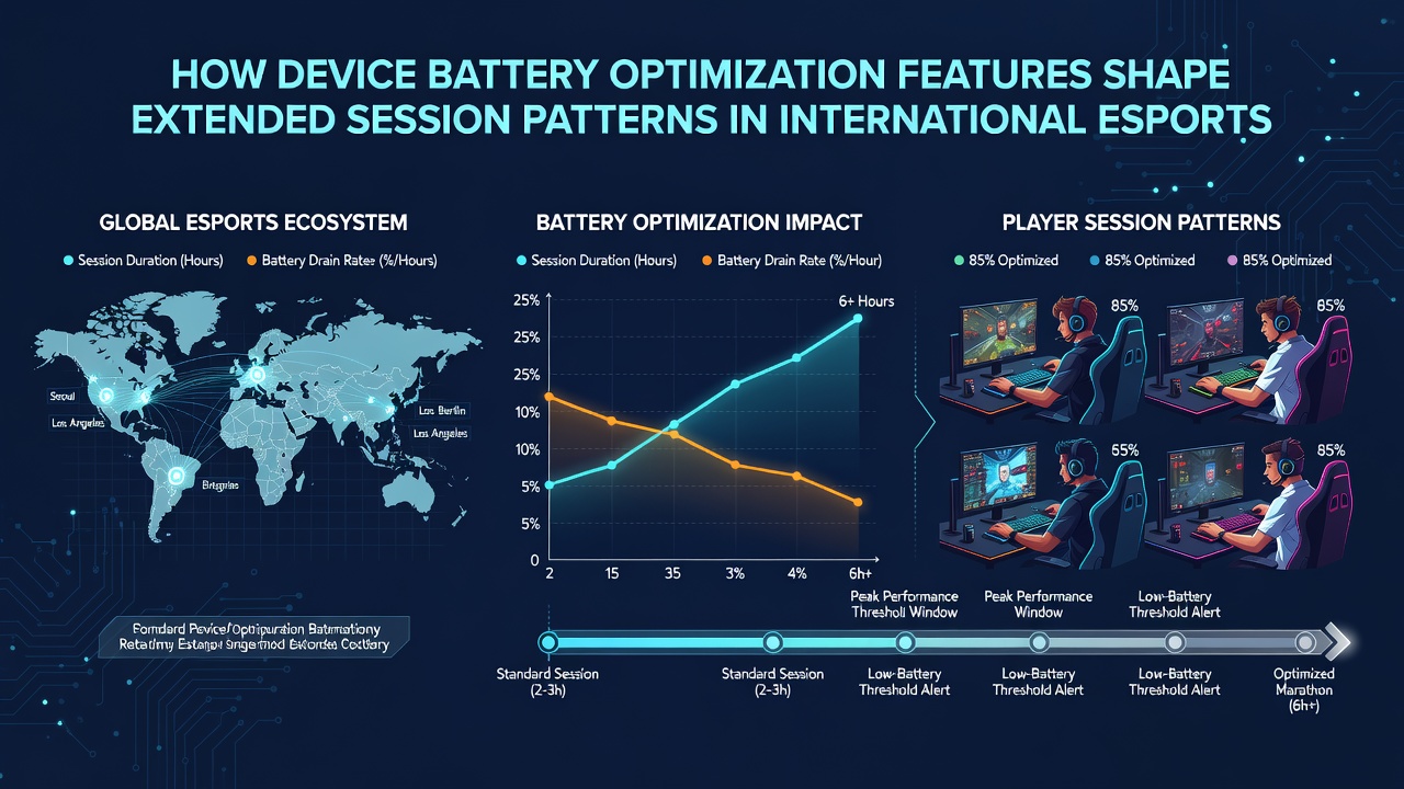 Mobile esports setup showing battery optimization settings and extended gameplay metrics on screen