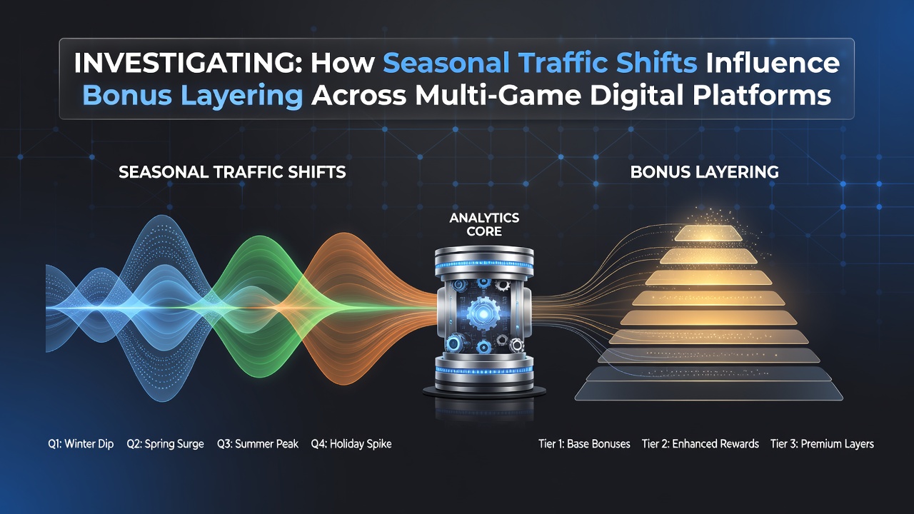 Dashboard view of multi-game digital platform showing traffic analytics and layered bonus structures during seasonal changes