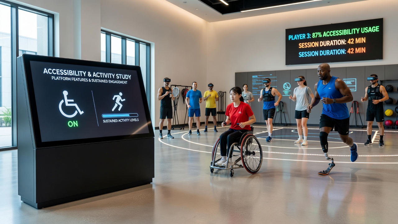 Interactive sports platform interface showing accessibility settings panel alongside user activity metrics dashboard