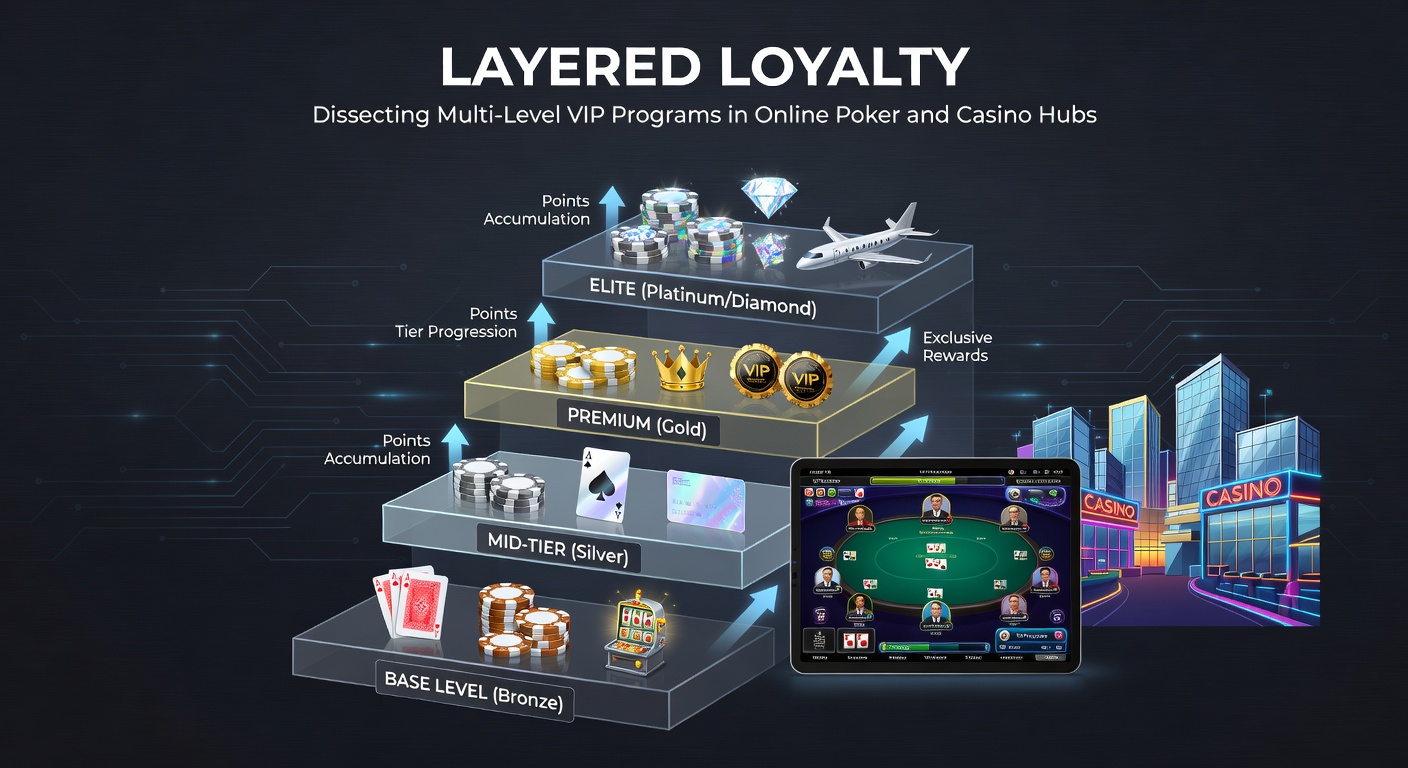 Illustration of tiered VIP levels in an online poker interface, showing bronze to diamond pyramids with escalating rewards