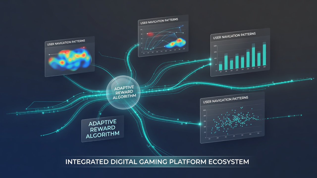 Analytics dashboard displaying user navigation heatmaps and reward algorithm outputs on integrated gaming platforms