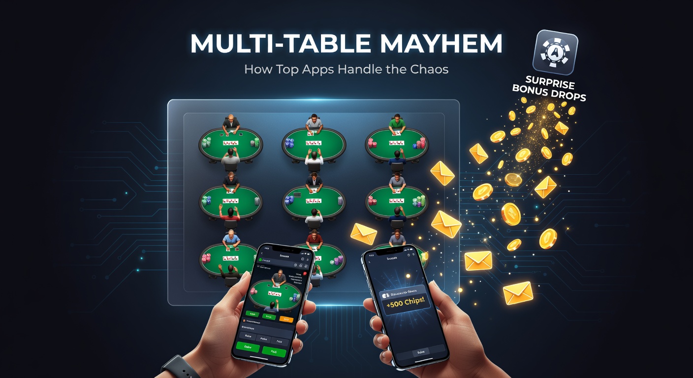 Mobile phone screen showing multiple poker tables open in a tournament app, with cards and chips visible amid fast-paced action