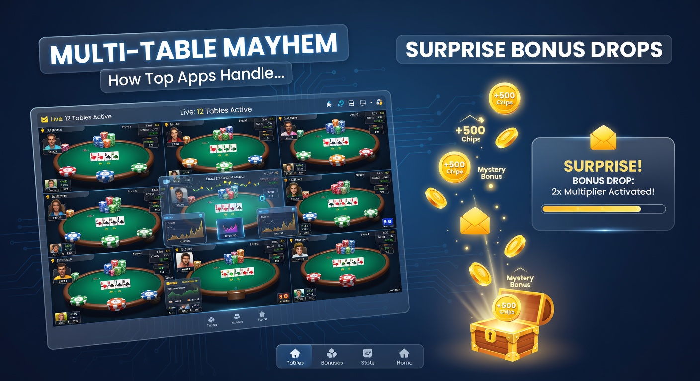 Close-up of a poker app notification for a surprise bonus drop, showing chips raining down on a tournament table with excited emojis