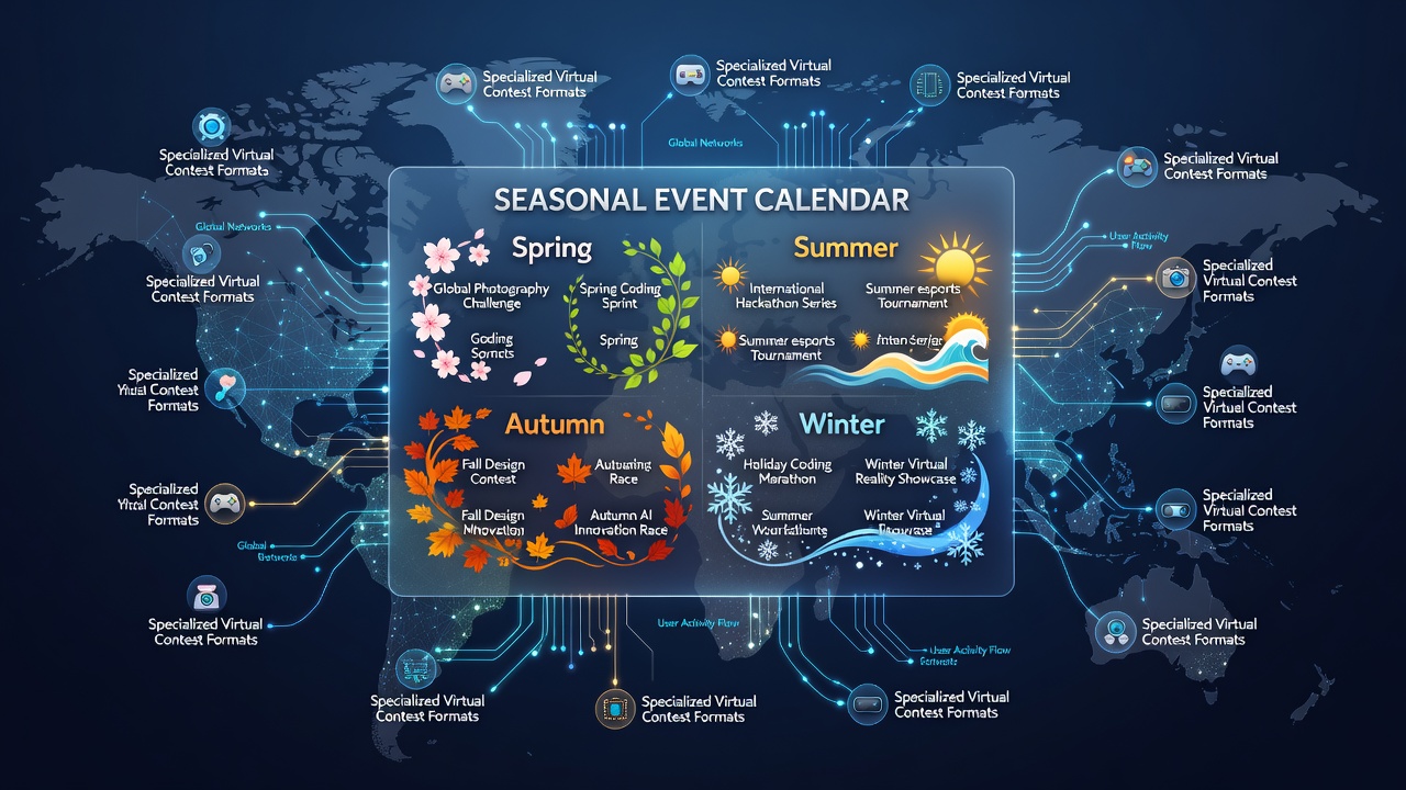 Global network visualization showing seasonal event calendars directing users to virtual contest formats across regions